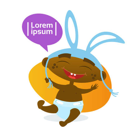 Cute African American Baby Boy Wearing Rabbit Ears Toddler Happy Cartoon Infant In Diaper Flat Vector Illustrationのイラスト素材