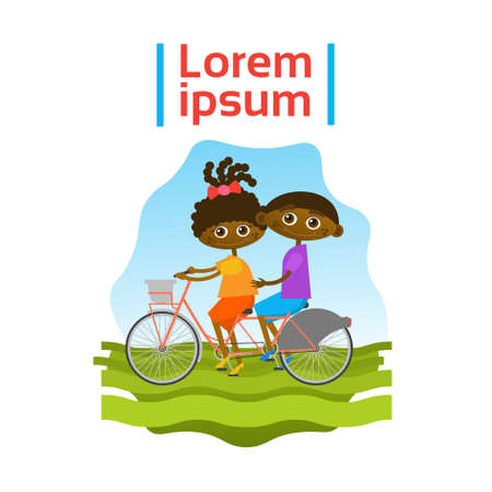 Little Kids Riding Tandem Bicycle African American Children Sport Hobby Flat Vector Illustrationのイラスト素材