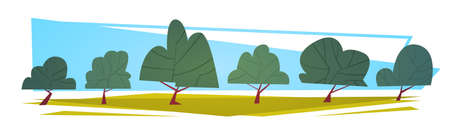 Summer Landscape Green Trees Cartoon Horizontal Banner Flat Vector Illustrationのイラスト素材