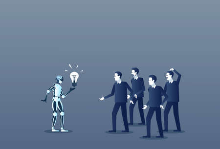 Robot Showing Group Of People Light Bulb Business Concept Modern Artificial Intelligence Vector...