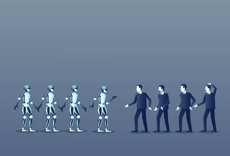 People And Robots Modern Human And Artificial Intelligence Futuristic Mechanism Technology Vector...