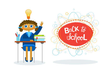Back To School Girl Pupil Sitting At Desk Studing Flat Vector Illustrationのイラスト素材