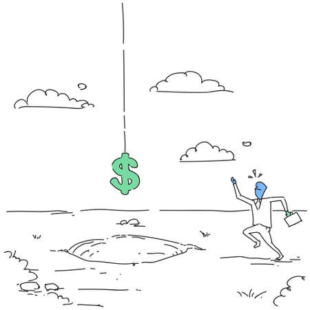 Scared Business Man With Dollar Sign Falling In Hole Credit Debt Finance Crisis Concept Doodle Vector Illustrationのイラスト素材