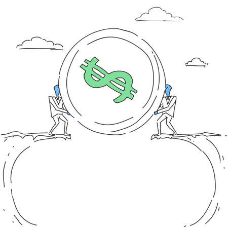 Business Men Giving Coin Over Cliff Gap Partners Teamwork Financial Cooperation Concept Doodle Vector Illustrationのイラスト素材