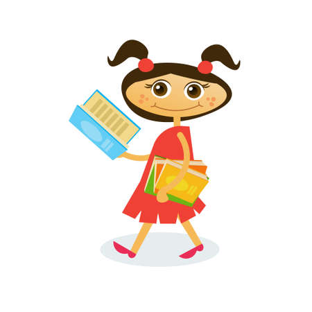 Little Girl Reading ON Walk Hold Stack Of Books Flat Vector Illustrationのイラスト素材