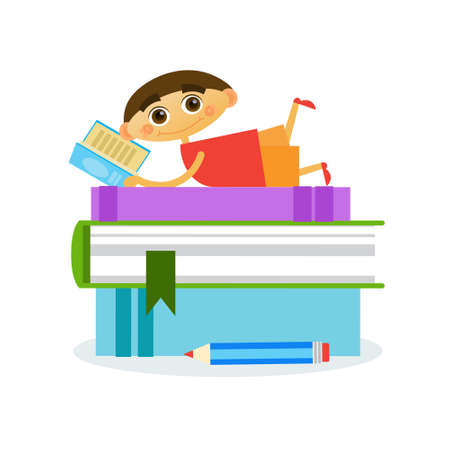 Little Boy Lying On Stack Of Books Reading Cute Kid Flat Vector Illustrationのイラスト素材