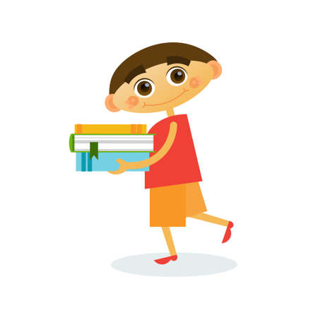 Little Boy Walk Holding Stack Of Books Reading Cute Kid Flat Vector Illustrationのイラスト素材