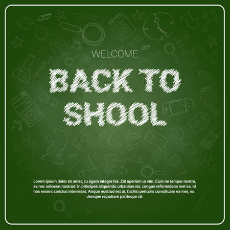 Back To School Chalked Doodle Background On Green Board With Copy Space Vector Illustrationのイラスト素材