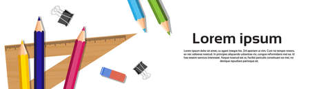 School Writing Supplies On White Background With Copy Space Colorful Pencils, Ruler, Rubber Flat Vector Illustrationのイラスト素材