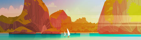 Sea Landscape Beautiful Asian Beach With Mountain Coast Seaside View Summer Seascape Flat Vector Illustrationのイラスト素材