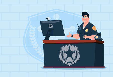 Policeman in uniform working on computer in guard office over brick background flat vector illustrationのイラスト素材