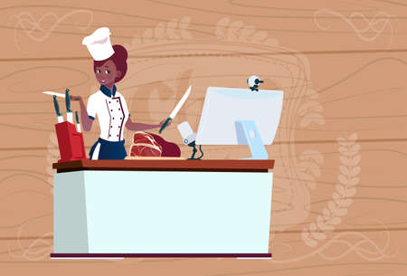 African American Female Chef Cooking In Front Of Web Camera On Computer Making Culinary Video Blog Flat Vector Illustrationのイラスト素材