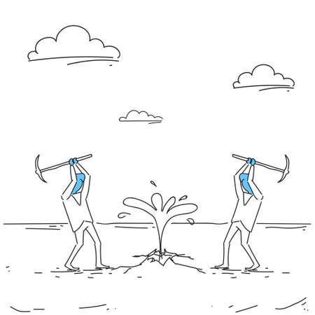 Two Businessmen Extract Oil With Hammer From Ground Business Success Concept Vector Illustrationのイラスト素材