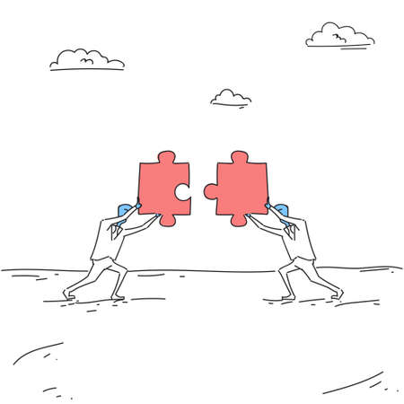 Two Business Men Solving Puzzle Work Together Ponder Think Strategy Concept Vector Illustration