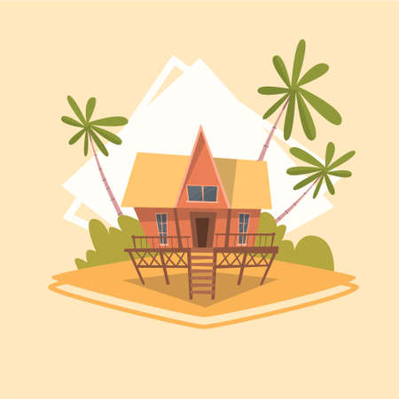 Bungalow House Icon Summer Sea Vacation Concept Summertime Holiday Vector Illustrationのイラスト素材