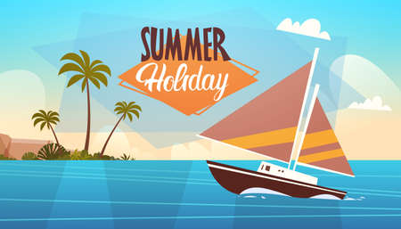 Summer Vacation Yacht Sea Landscape Beautiful Beach Seascape Banner Seaside Holiday Flat Vector...