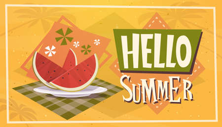 Hello Summer Time Watermelon Vacation Sea Travel Retro Banner Seaside Holiday Flat Vector...