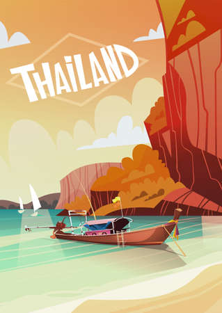 Thailand Landscape Long Tail Boat Seascape Beautiful Asian Beach Seaside View Flat Vector Illustrationのイラスト素材