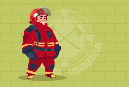 Fireman Wearing Uniform And Helmet Adult Fire Fighter Stand Over Brick Background Flat Vector Illustrationのイラスト素材