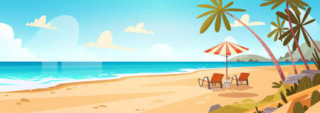 Summer Vacation Loungers On Sea Beach Landscape Beautiful Seascape Banner Seaside Holiday Vector Illustrationのイラスト素材