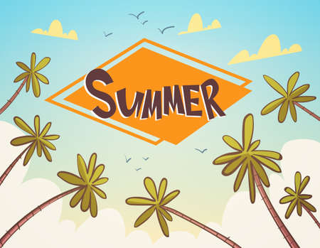 Summer Tropical Vacation Palm Treen Over Blue Sky Seaside Holiday Banner Vector Illustrationのイラスト素材