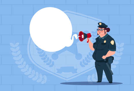 Police Woman Planning Action On White Board Wearing Uniform Female Guard On Blue Bricks Background Flat Vector Illustrationのイラスト素材