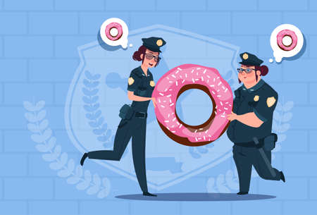Two Police Women Holding Donut Wearing Uniform Female Guards On Blue Bricks Background Flat Vector Illustrationのイラスト素材