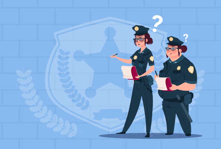 Two Police Women Holding Boxes With Office Staff Fired Wearing Uniform Female Guards On Blue Bricks Background Flat Vector Illustrationのイラスト素材
