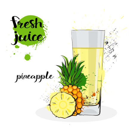 Pineapple Juice Fresh Hand Drawn Watercolor Fruits And Glass On White Background Vector Illustrationのイラスト素材