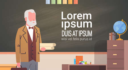 Man Professor Teacher In Classroom Over Chalk Board University Worker Professional Occupation Flat Vector Illustrationのイラスト素材