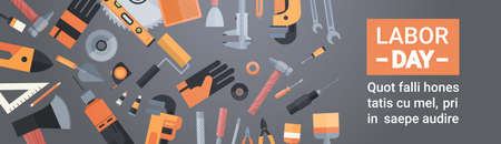 Labor Day Holiday Greeting Card Over Set Of Repair And Construction Working Tools Background Flat Vector Illustrationのイラスト素材