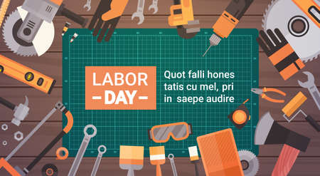 Labor Day Holiday Greeting Card Over Set Of Repair And Construction Working Tools Background Flat Vector Illustrationのイラスト素材