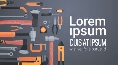 Set Of Repair And Construction Working Hand Tools, Equipment Collection Over Copy Space Flat Vector Illustrationのイラスト素材