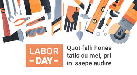 Labor Day Holiday Greeting Card Over Set Of Repair And Construction Working Tools Background Flat Vector Illustrationのイラスト素材