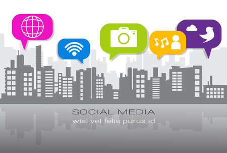 Social Media Icons Over Silhouette City Background Network Communication Connection Concept Vector Illustrationのイラスト素材