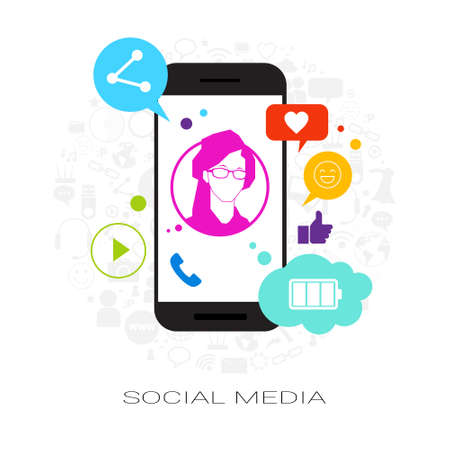 Female Profile On Cell Smart Phone Screen With Social Media Icons Network Communication Concept Vector Illustrationのイラスト素材