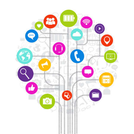 Social Media Icons Connected With Lines On White Background Network Communication Concept Vector Illustrationのイラスト素材