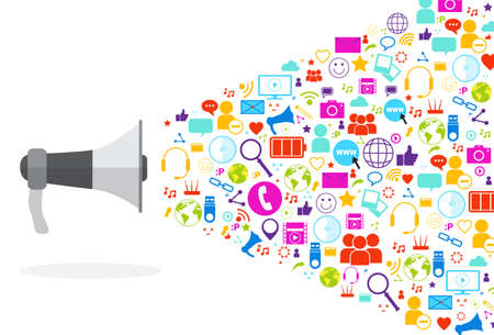 Megaphone Social Media Icons On White Background Network Communication Concept Vector Illustrationのイラスト素材