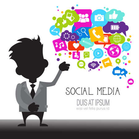 Man With Chat Bubble Of Social Media Icons Network Communication Concept Vector Illustrationのイラスト素材