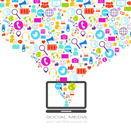 Laptop Computer With Social Media Icons On White Background Network Communication Concept Vector Illustrationのイラスト素材