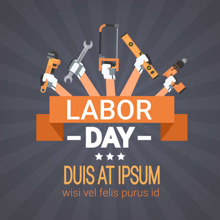 Labor Day Hands Holding Tools Repair And Construction Working Equipment Holiday Greeting Card Flat Vector Illustrationのイラスト素材