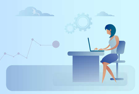Abstract Business Woman Sitting At Office Desk Working Laptop Computer Vector Illustrationのイラスト素材