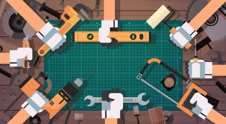 Hands Holding Tools Repair And Construction Working Equipment Over Copy Space Flat Vector Illustrationのイラスト素材