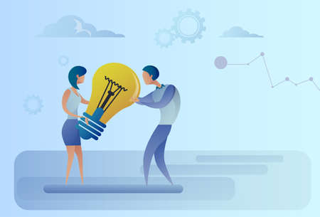 Business Man And Woman Holding Light Bulb Sharing New Creative Idea Concept Flat Vector Illustrationのイラスト素材