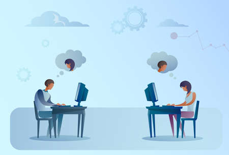 Abstract Business Man And Woman Sitting At Office Desk Working Laptop Computer Chatting Social Media Communication Vector Illustrationのイラスト素材