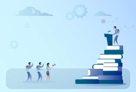 Business Man Leading Tribune Speech In Front Of Cheerful Business People, Group Conference Meeting Seminar Flat Vector Illustrationのイラスト素材