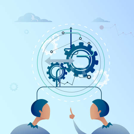 Two Business Man Point Finger On Cog Wheel Businessman Brainstorming Process Flat Vector Illustrationのイラスト素材
