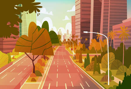 City Street Skyscraper Buildings View Modern Cityscape Empty Downtown Flat Vector Illustrationのイラスト素材