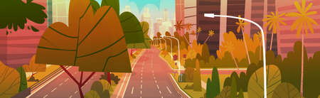 City Street Skyscraper Buildings View Modern Cityscape Empty Downtown Flat Vector Illustrationのイラスト素材