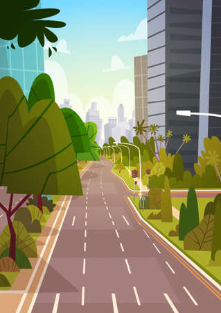 City Street Skyscraper Buildings View Modern Cityscape Empty Downtown Flat Vector Illustrationのイラスト素材